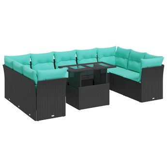 vidaXL 10 Piece Garden Sofa Set with Cushions Black Poly Rattan Acacia