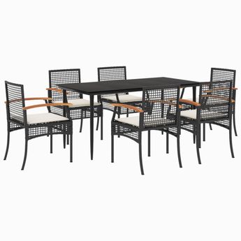 vidaXL 7 Piece Patio Dining Set with Cushions Black Poly Rattan