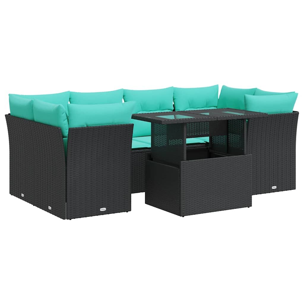 vidaXL 7 Piece Garden Sofa Set with Cushions Black Poly Rattan Acacia