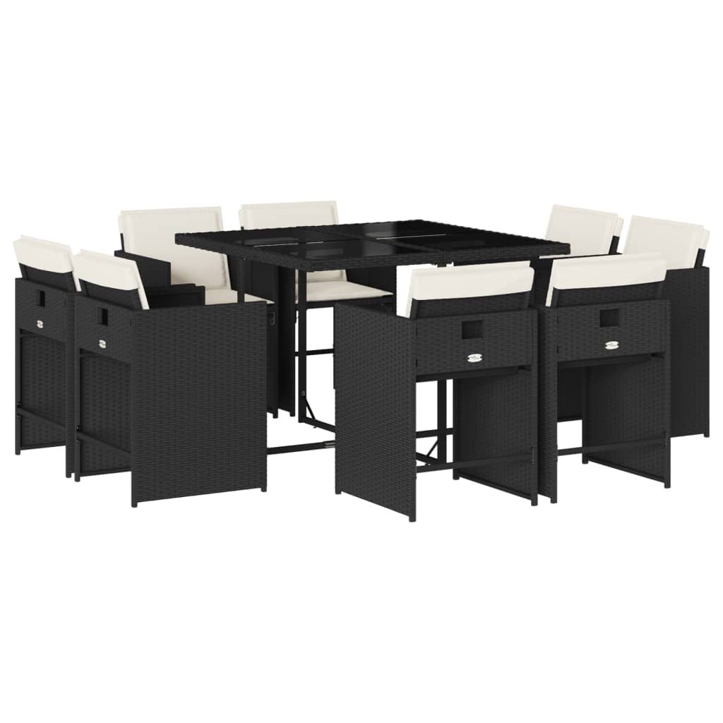 vidaXL 9 Piece Patio Dining Set with Cushions Black Poly Rattan