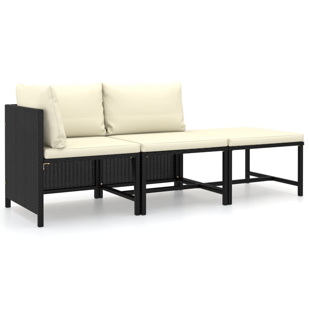 vidaXL 3 Piece Patio Lounge Set with Cushions Poly Rattan Black