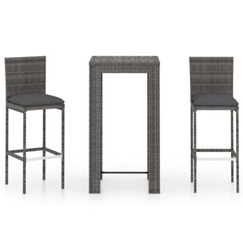 vidaXL 3 Piece Patio Bar Set with Cushions Poly Rattan Gray