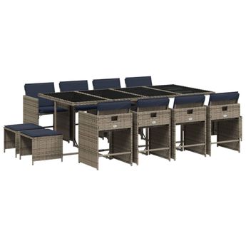 vidaXL 13 Piece Garden Dining Set with Cushions Grey Poly Rattan