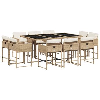 vidaXL 11 Piece Patio Dining Set with Cushions Beige Poly Rattan