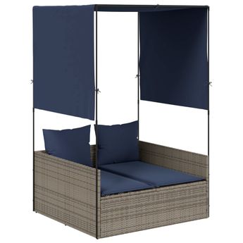vidaXL Double Sun Lounger with Roof and Curtains Grey Poly Rattan
