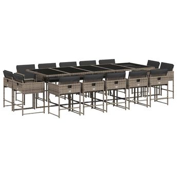 vidaXL 15 Piece Patio Dining Set with Cushions Gray Poly Rattan