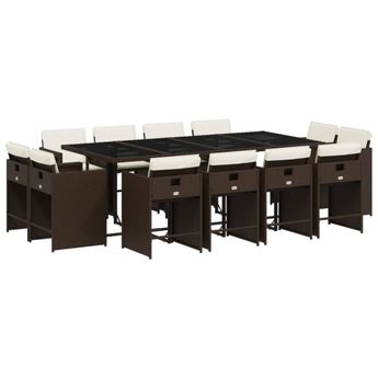 vidaXL 13 Piece Patio Dining Set with Cushions Brown Poly Rattan