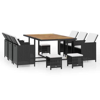 vidaXL 11 Piece Patio Dining Set Poly Rattan and Acacia Wood Black