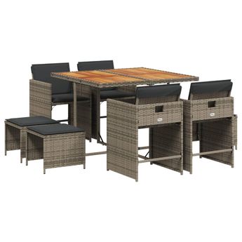 vidaXL 9 Piece Patio Dining Set with Cushions Gray Poly Rattan