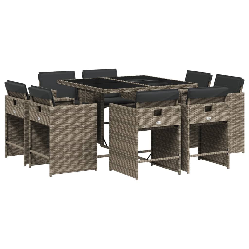 vidaXL 9 Piece Patio Dining Set with Cushions Gray Poly Rattan