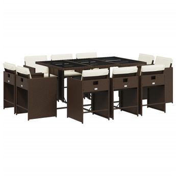vidaXL 11 Piece Patio Dining Set with Cushions Brown Poly Rattan