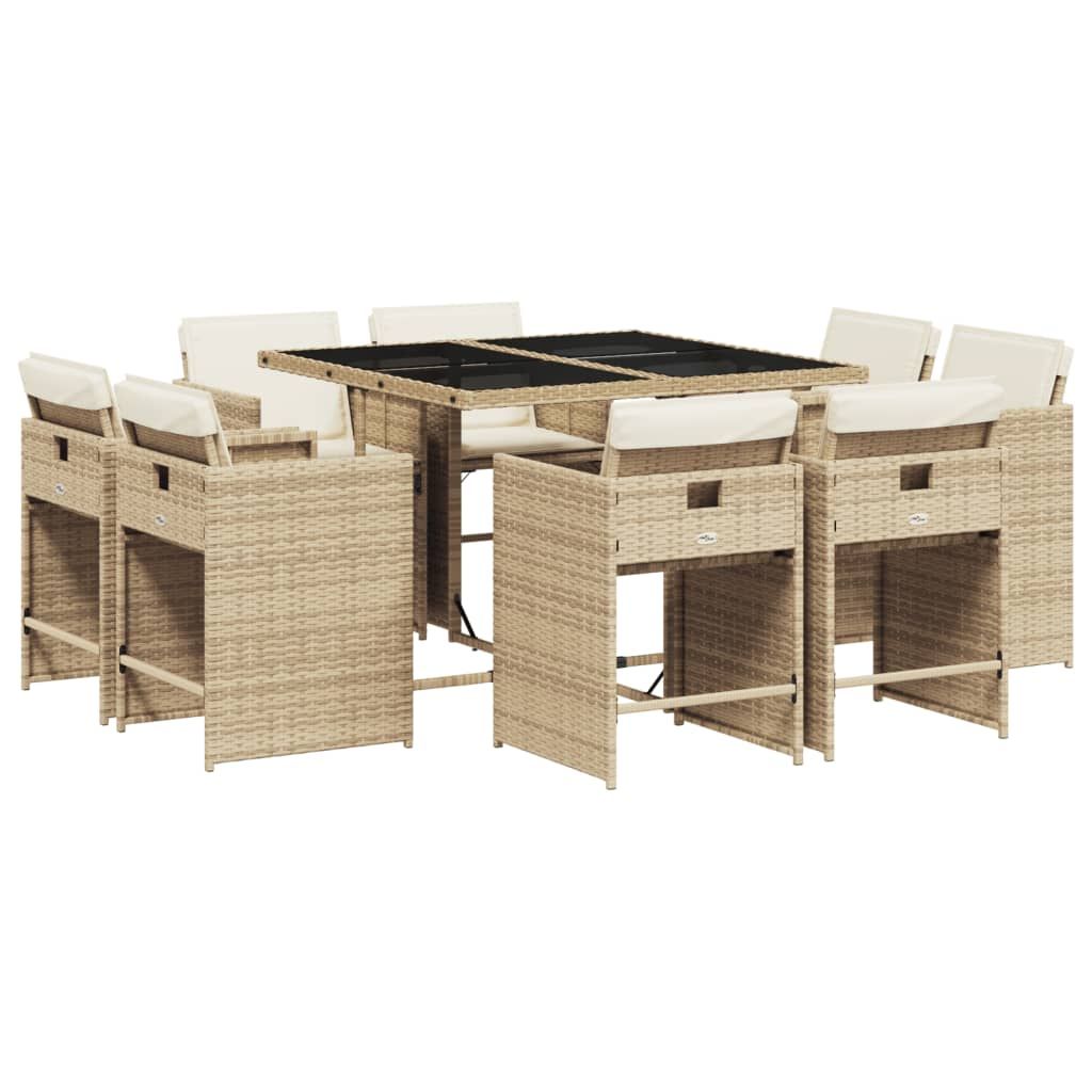 vidaXL 9 Piece Patio Dining Set with Cushions Beige Poly Rattan