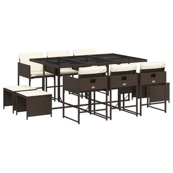 vidaXL 11 Piece Patio Dining Set with Cushions Brown Poly Rattan