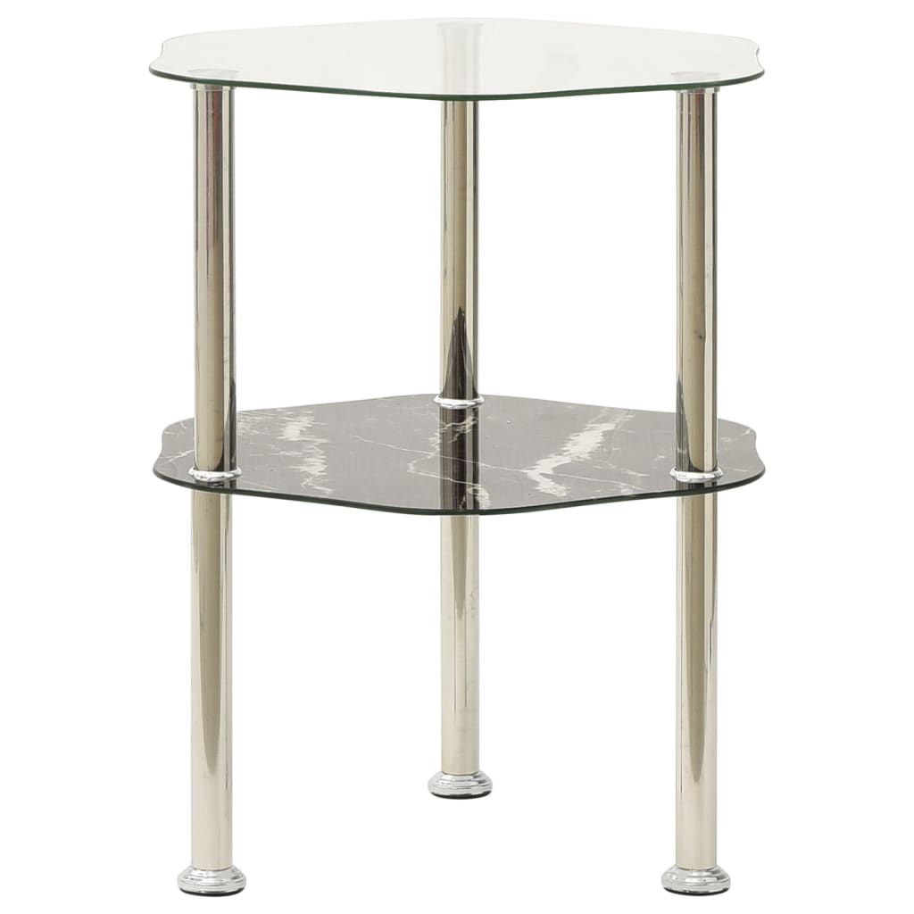 vidaXL 2-Tier Side Table Transparent & Black Marble 15"x15"x19.7" Tempered Glass