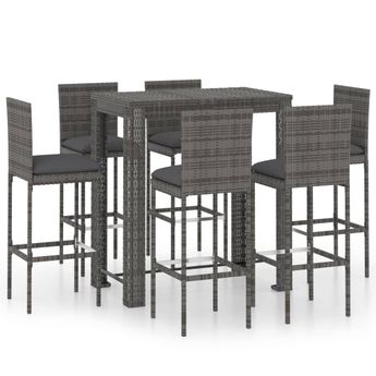 vidaXL 7 Piece Patio Bar Set with Cushions Poly Rattan Gray