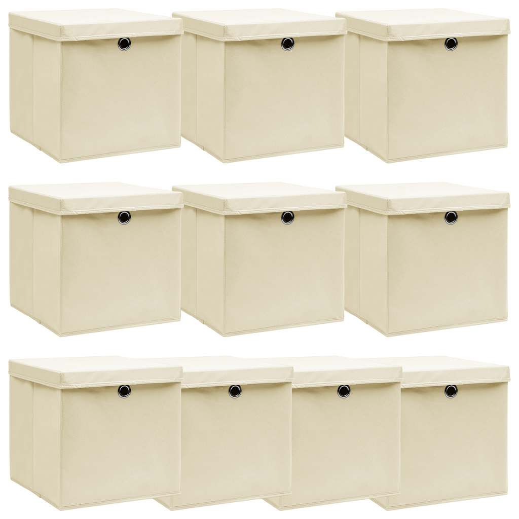 vidaXL Storage Boxes with Lid 10 pcs Cream 32x32x32 cm Fabric