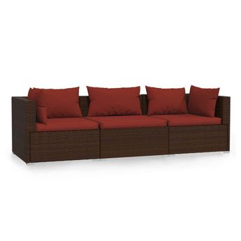 vidaXL Wicker Patio Furniture 3 Piece with Cushions Brown Poly Rattan