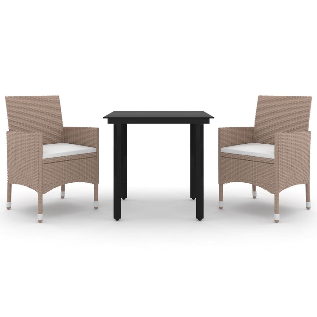 vidaXL 3 Piece Garden Dining Set with Cushions Poly Rattan and Glass