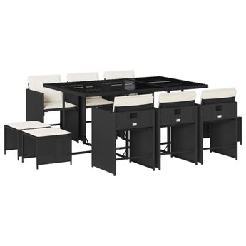 vidaXL 11 Piece Patio Dining Set with Cushions Black Poly Rattan