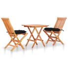 vidaXL 3 Piece Bistro Set with Black Cushions Solid Teak Wood