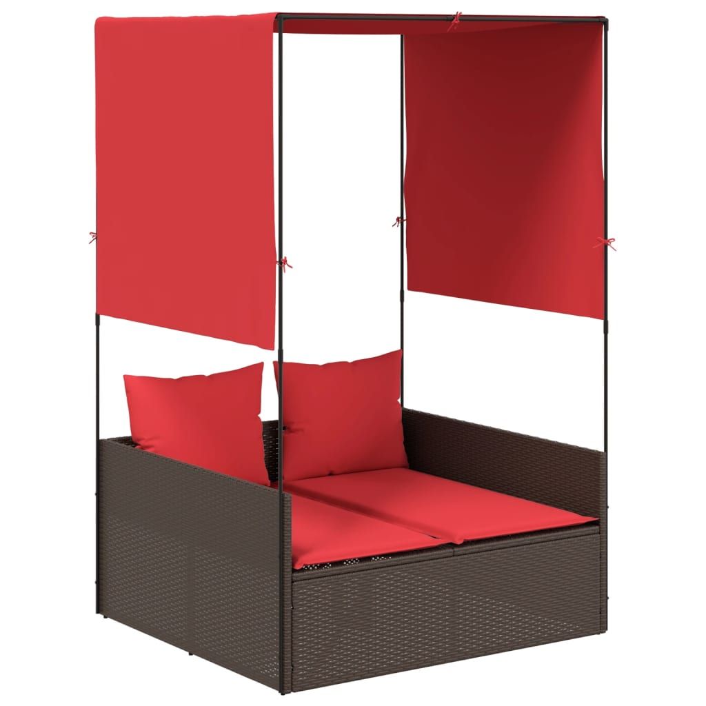 vidaXL Double Sun Lounger with Roof and Curtains Brown Poly Rattan