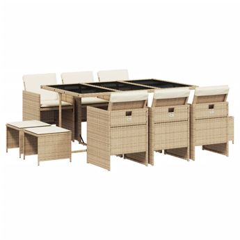 vidaXL 11 Piece Patio Dining Set with Cushions Beige Poly Rattan