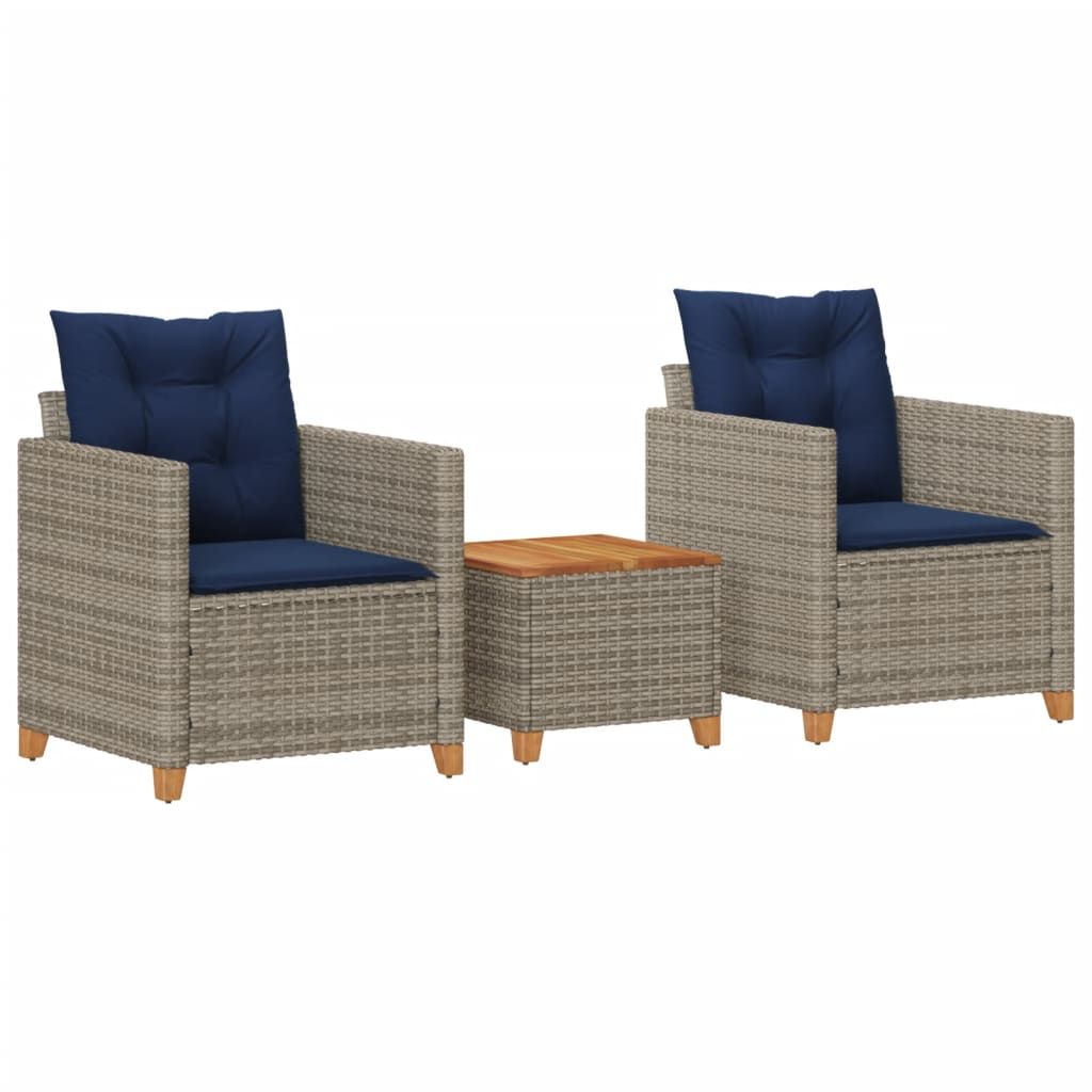 vidaXL 3 Piece Bistro Set with Cushions Gray Poly Rattan Acacia Wood