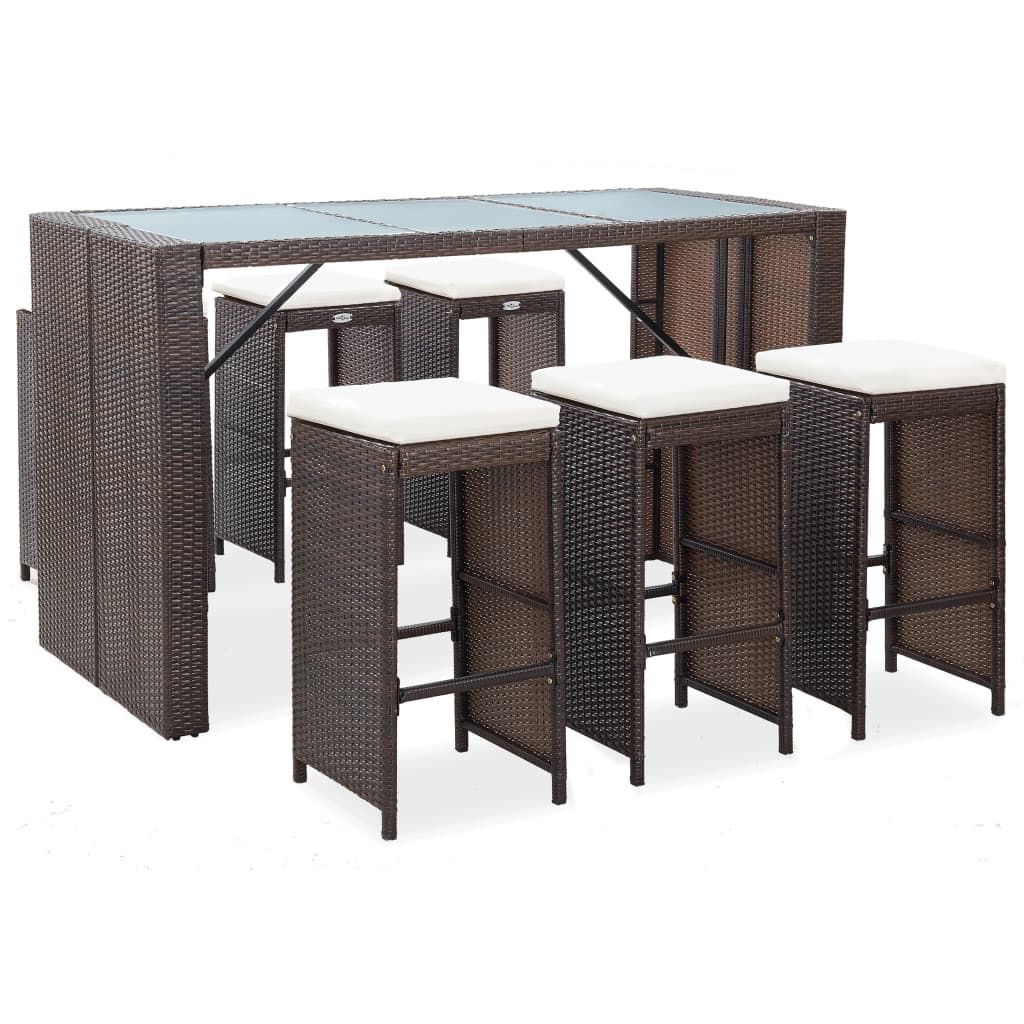 vidaXL 7 Piece Patio Bar Set with Cushions Poly Rattan Brown