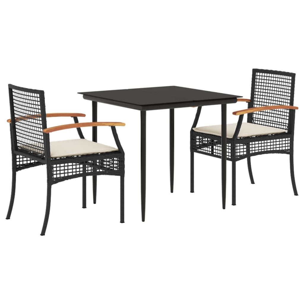 vidaXL 3 Piece Patio Dining Set with Cushions Black Poly Rattan