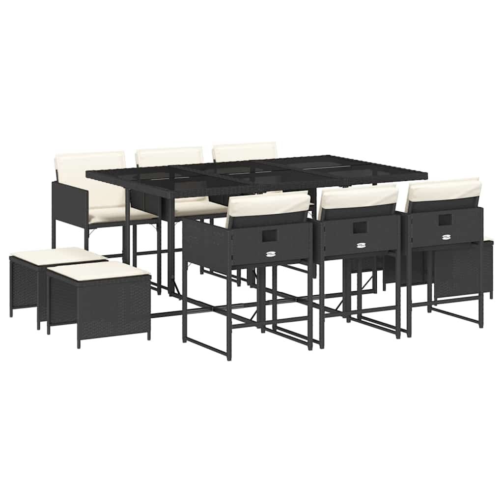 vidaXL 11 Piece Patio Dining Set with Cushions Black Poly Rattan