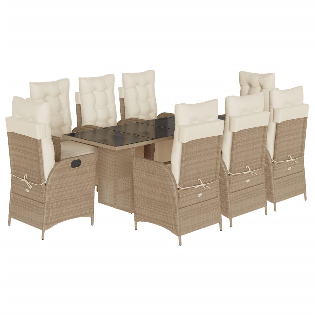 vidaXL 9 Piece Garden Dining Set with Cushions Beige Poly Rattan