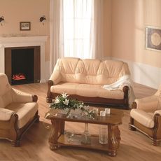 PYKA Adam leather sofa set wood D3 / light apricot (Rose white)