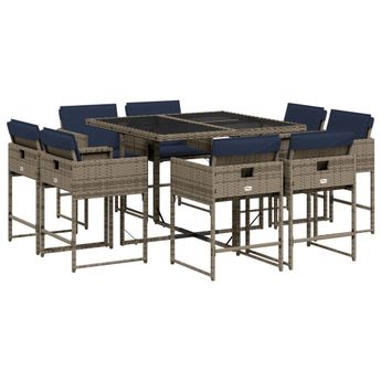 vidaXL 9 Piece Garden Dining Set with Cushions Grey Poly Rattan