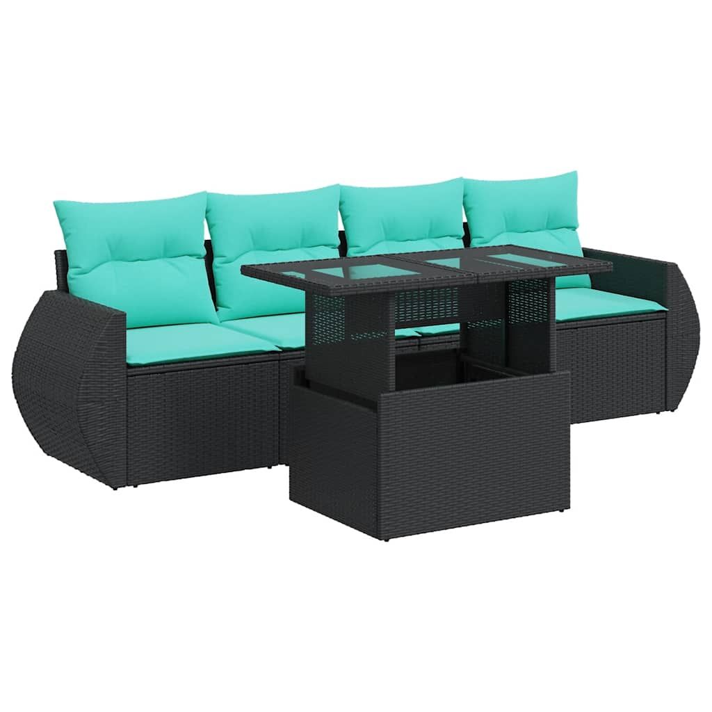 vidaXL 5 Piece Garden Sofa Set with Cushions Black Poly Rattan Acacia