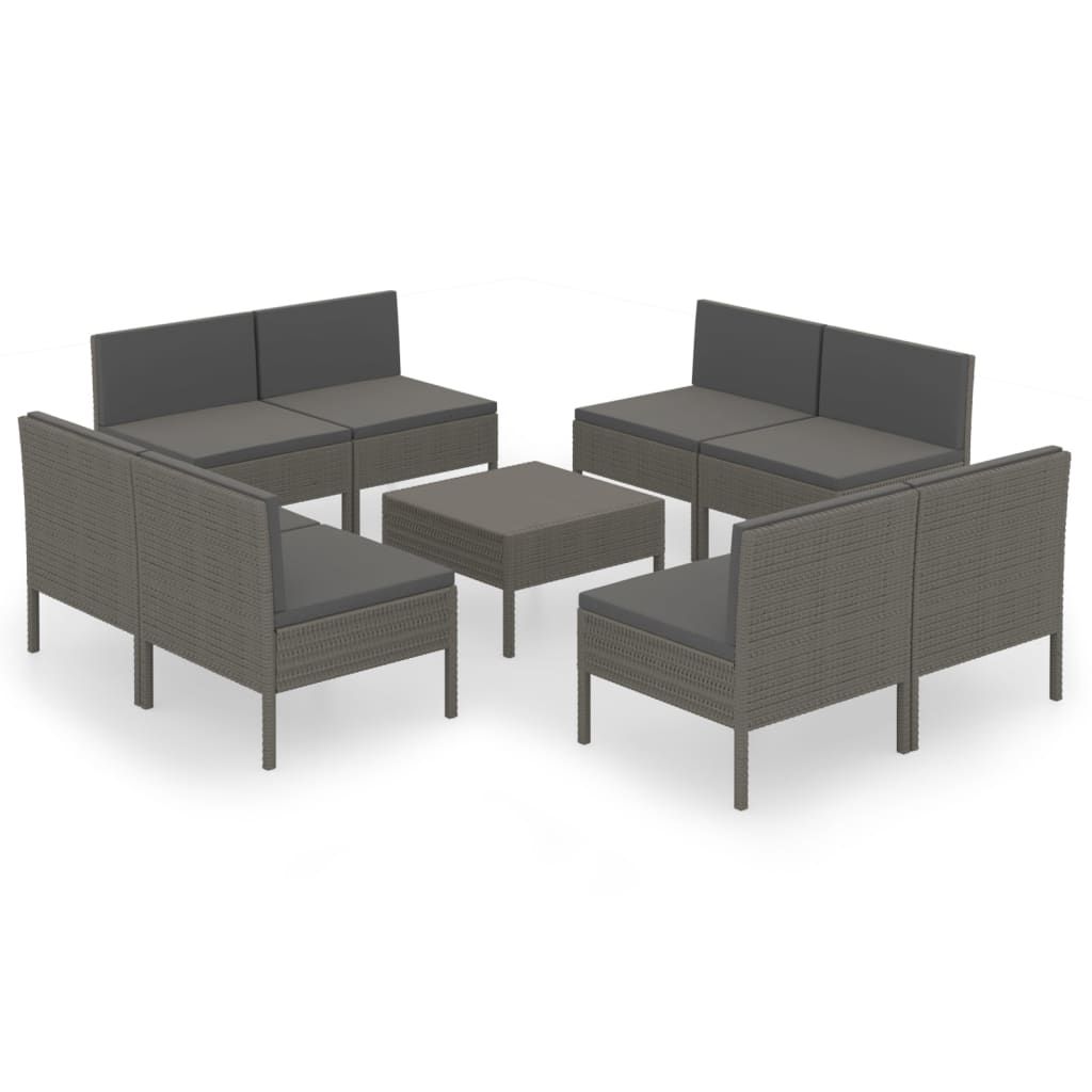 vidaXL 9 Piece Patio Lounge Set with Cushions Poly Rattan Gray