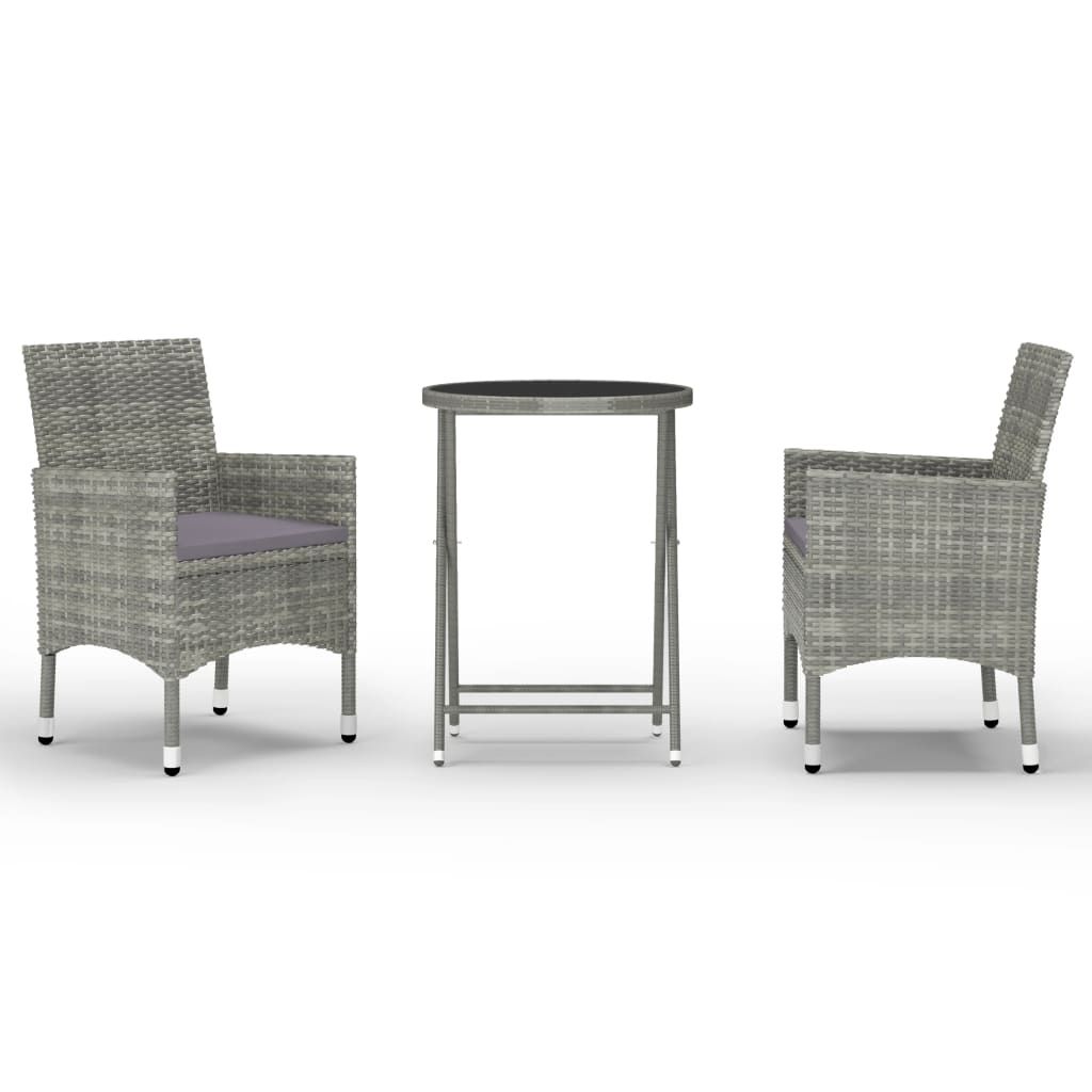 vidaXL 3 Piece Patio Bistro Set Poly Rattan and Tempered Glass Gray