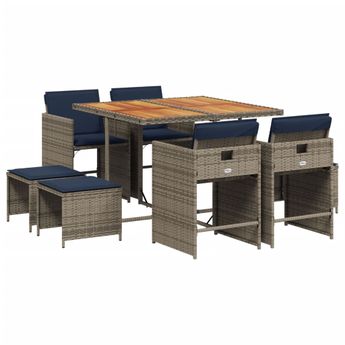 vidaXL 9 Piece Garden Dining Set with Cushions Grey Poly Rattan