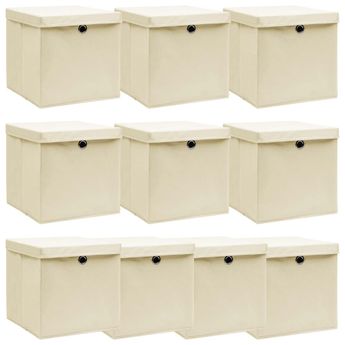 vidaXL Storage Boxes with Lid 10 pcs Cream 32x32x32 cm Fabric
