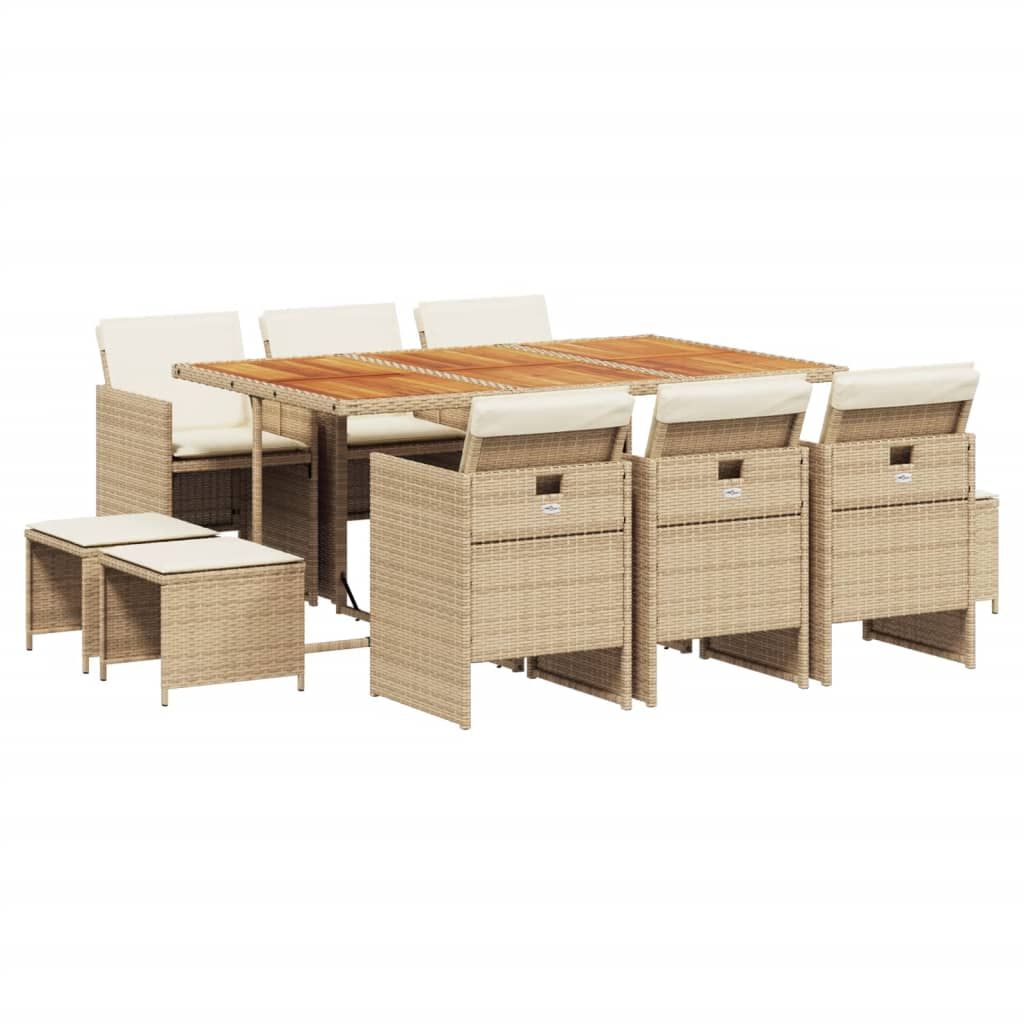 vidaXL 11 Piece Patio Dining Set with Cushions Beige Poly Rattan