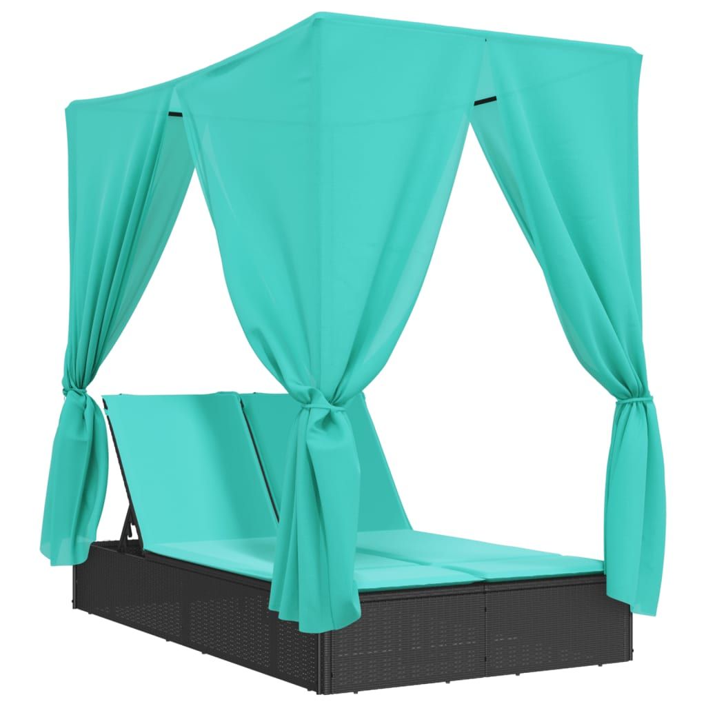 vidaXL Double Sun Lounger with Roof and Curtains Black Poly Rattan