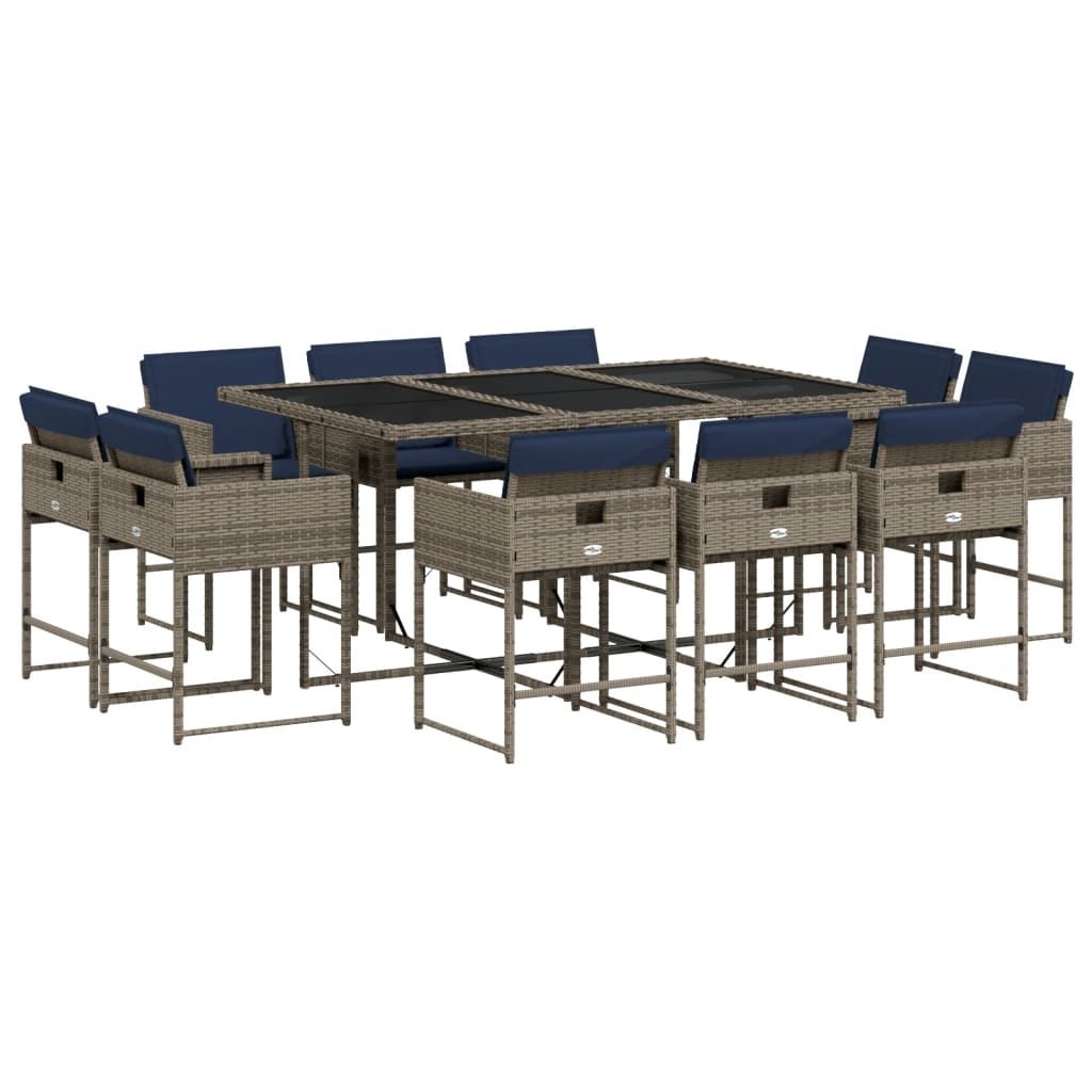 vidaXL 11 Piece Garden Dining Set with Cushions Grey Poly Rattan