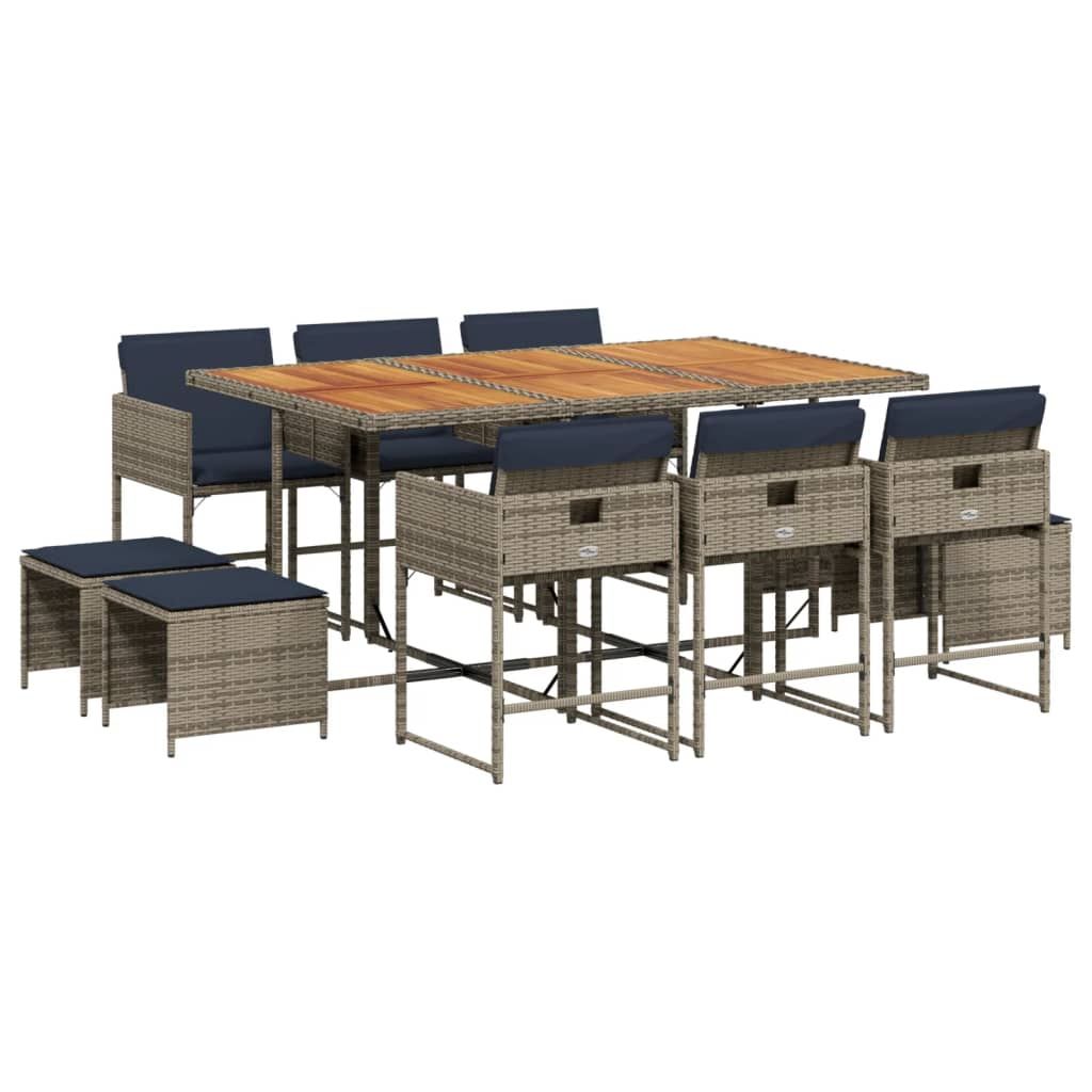 vidaXL 11 Piece Garden Dining Set with Cushions Grey Poly Rattan