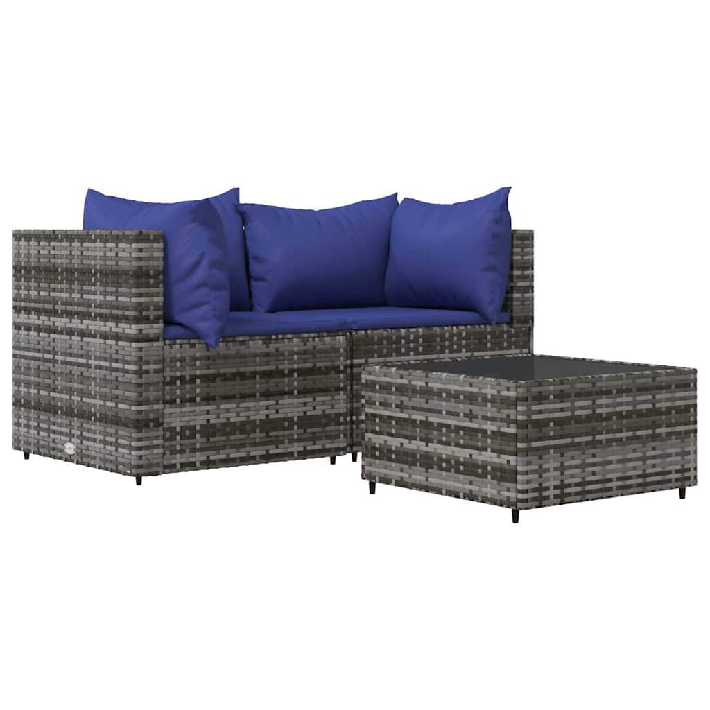 vidaXL 3 Piece Garden Lounge Set with Cushions Grey Poly Rattan