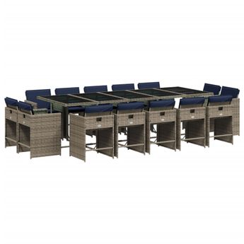 vidaXL 15 Piece Garden Dining Set with Cushions Grey Poly Rattan