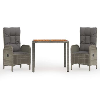 vidaXL 3 Piece Garden Dining Set with Cushions Grey Poly Rattan