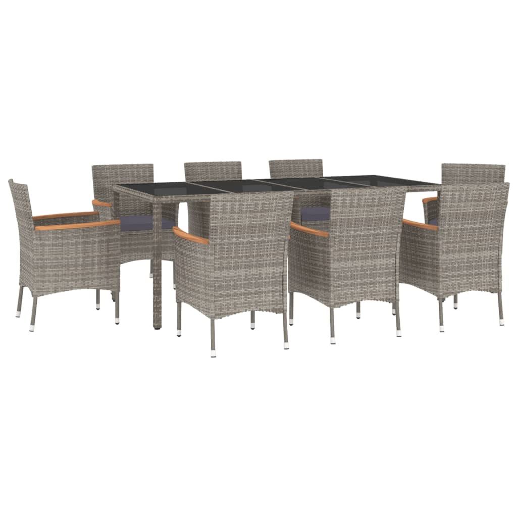 vidaXL 9 Piece Garden Dining Set with Cushions Grey Poly Rattan
