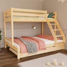 Tartak Meble Wooden bunk bed ARARAT for 3 persons 90x200 cm, 140x200 cm Choose a color: Transparent stain, Choose a drawer: Extra bed 90x190 cm