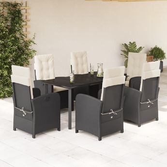 vidaXL 7 Piece Garden Dining Set with Cushions Black Poly Rattan