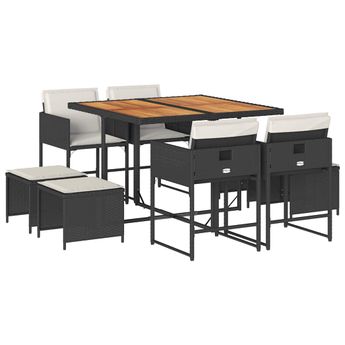 vidaXL 9 Piece Patio Dining Set with Cushions Black Poly Rattan