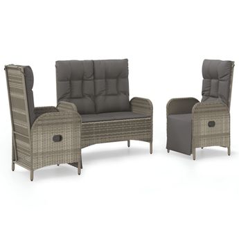 vidaXL 3 Piece Garden Dining Set with Cushions Grey Poly Rattan